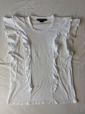 Veronica Beard Jeans White Ruffle Sleeve Pima Cotton Slub Tee Large